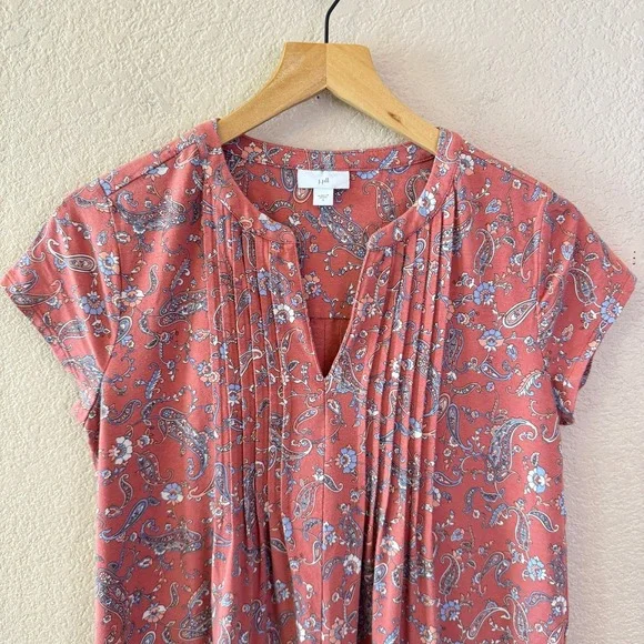 J Jill Paisley Print Dress Short Sleeve Pink Casual Stretch Pockets Size S - Picture 2 of 12